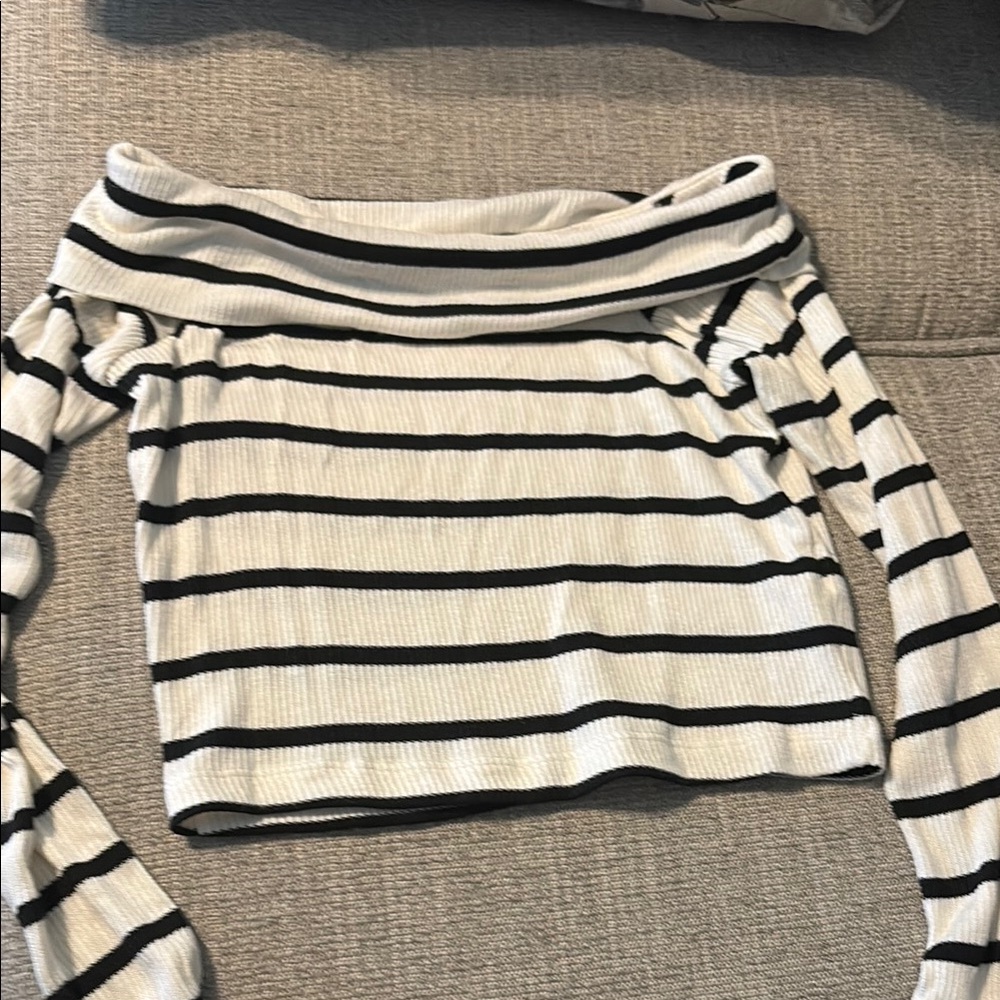 Off-the-Shoulder Striped Sweater - Black and White